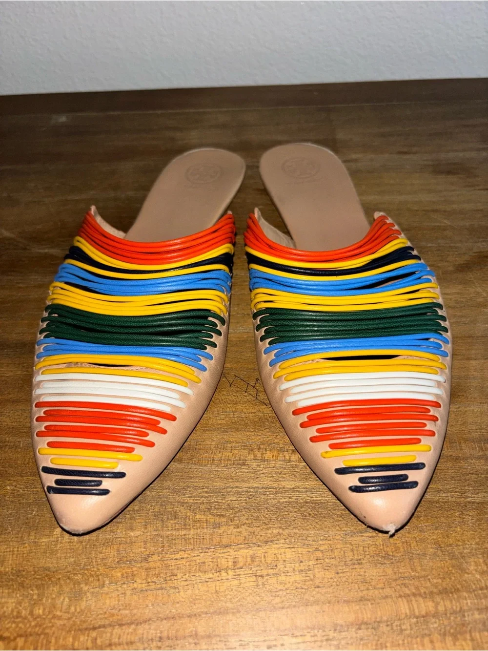 Tory Burch Tan Leather Pointed Mule with Rainbow Stripes